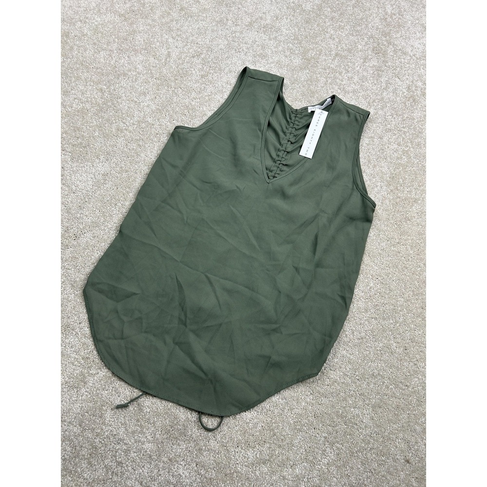 Three Eighty Two Tank Top Womens‎ XS Green V Neck Ruched Back Tunic Sleeveless